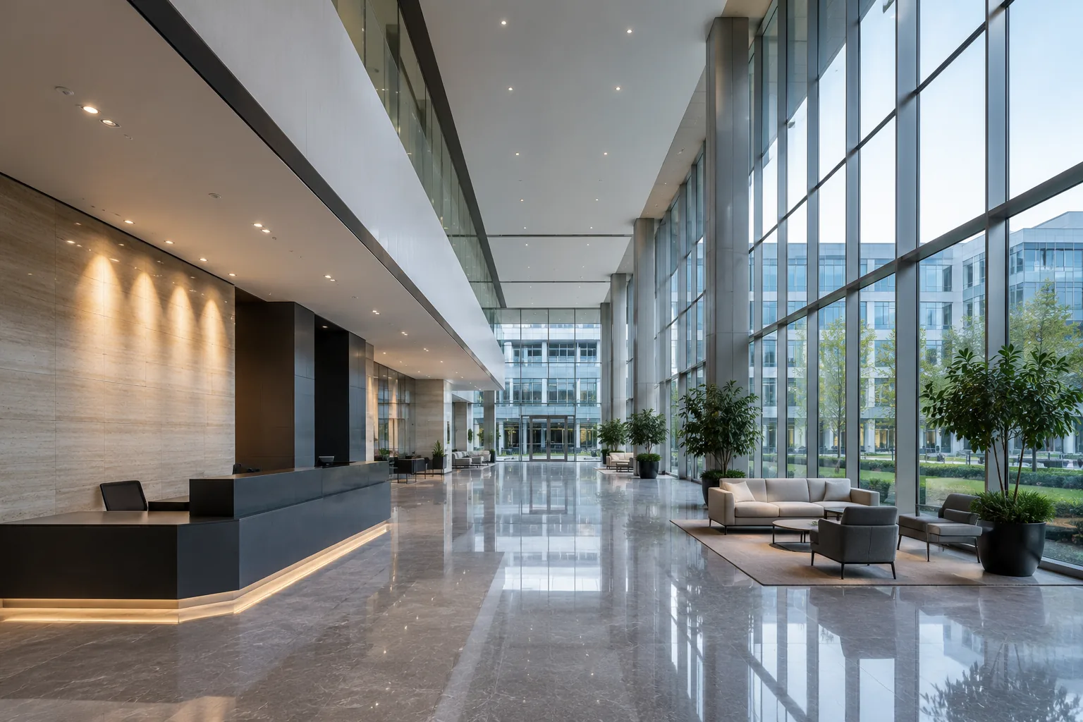 Modern corporate lobby representing a professional facility environment