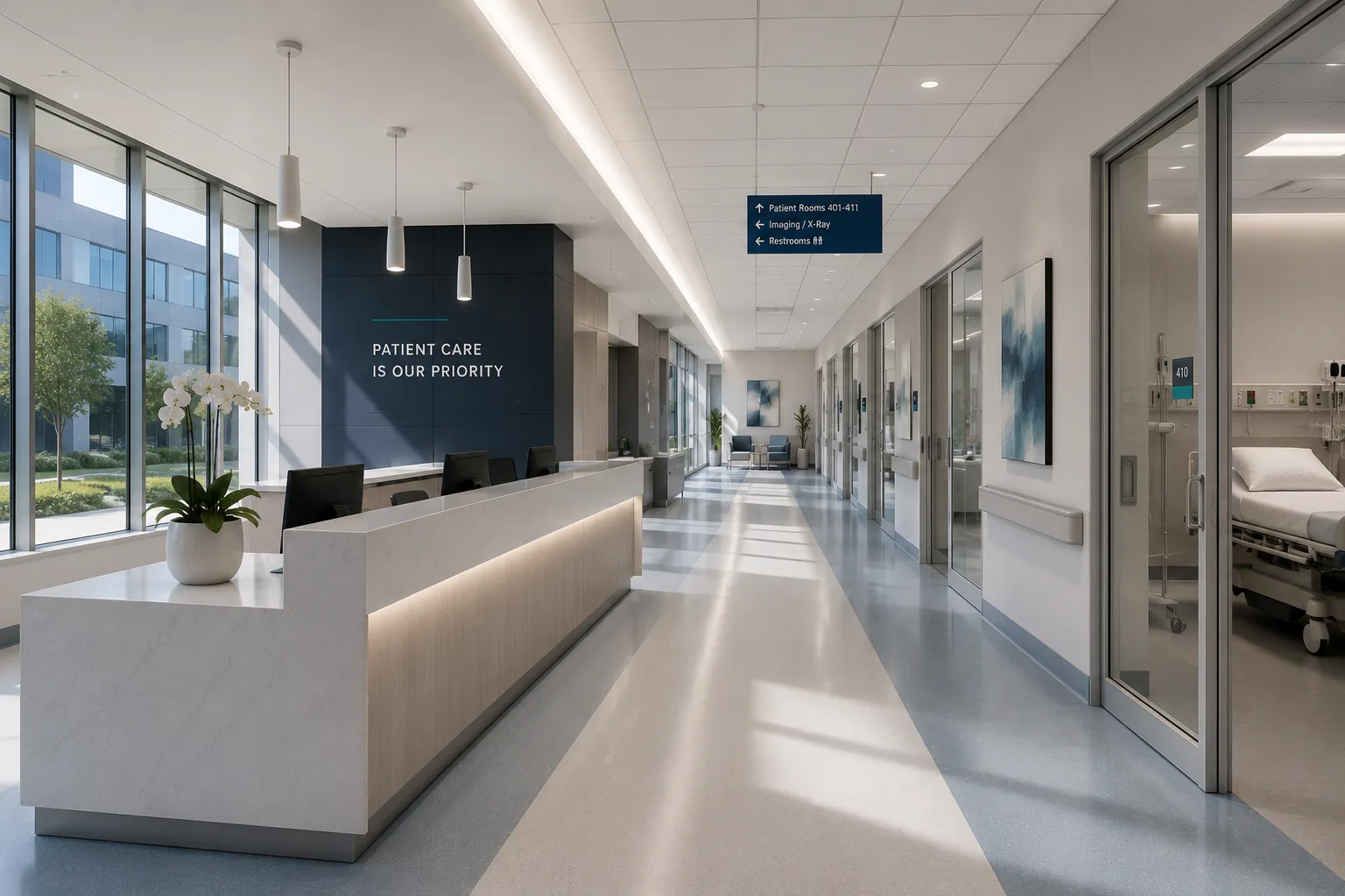 Modern healthcare corridor representing controlled professional environments
